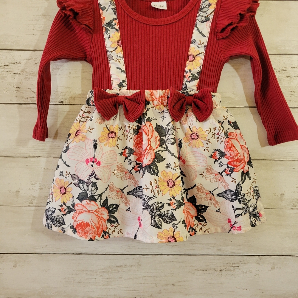 Red Floral Suspender One Piece Long Sleeve Dress for Kids Size 12-18 M - Picture 3 of 9